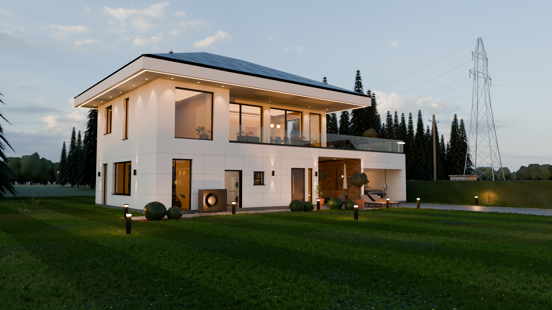 Modernes Einfamilienhaus in der Abenddämmerung mit Photovoltaik auf dem Dach, Wärmepumpe, Hauswirtschaftsraum und Wallbox im Carport
